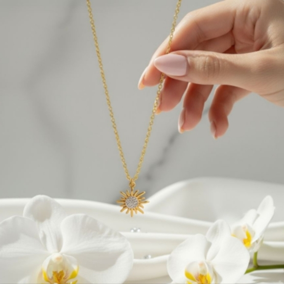 🆕️Dainty Sunburst Pendant 18K Gold Plated Stainless Steel CZ Celestial Necklace - Picture 12 of 12